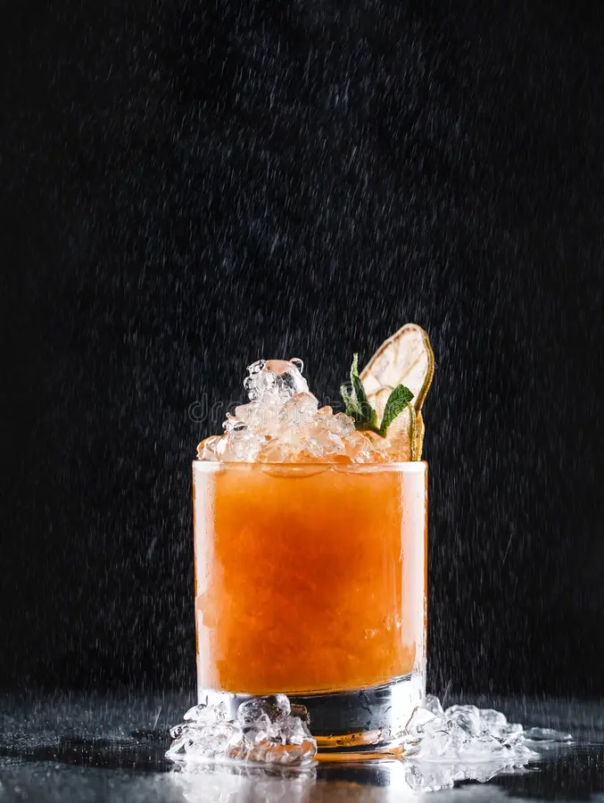 Amber crushed-ice cocktail with dried citrus and mint